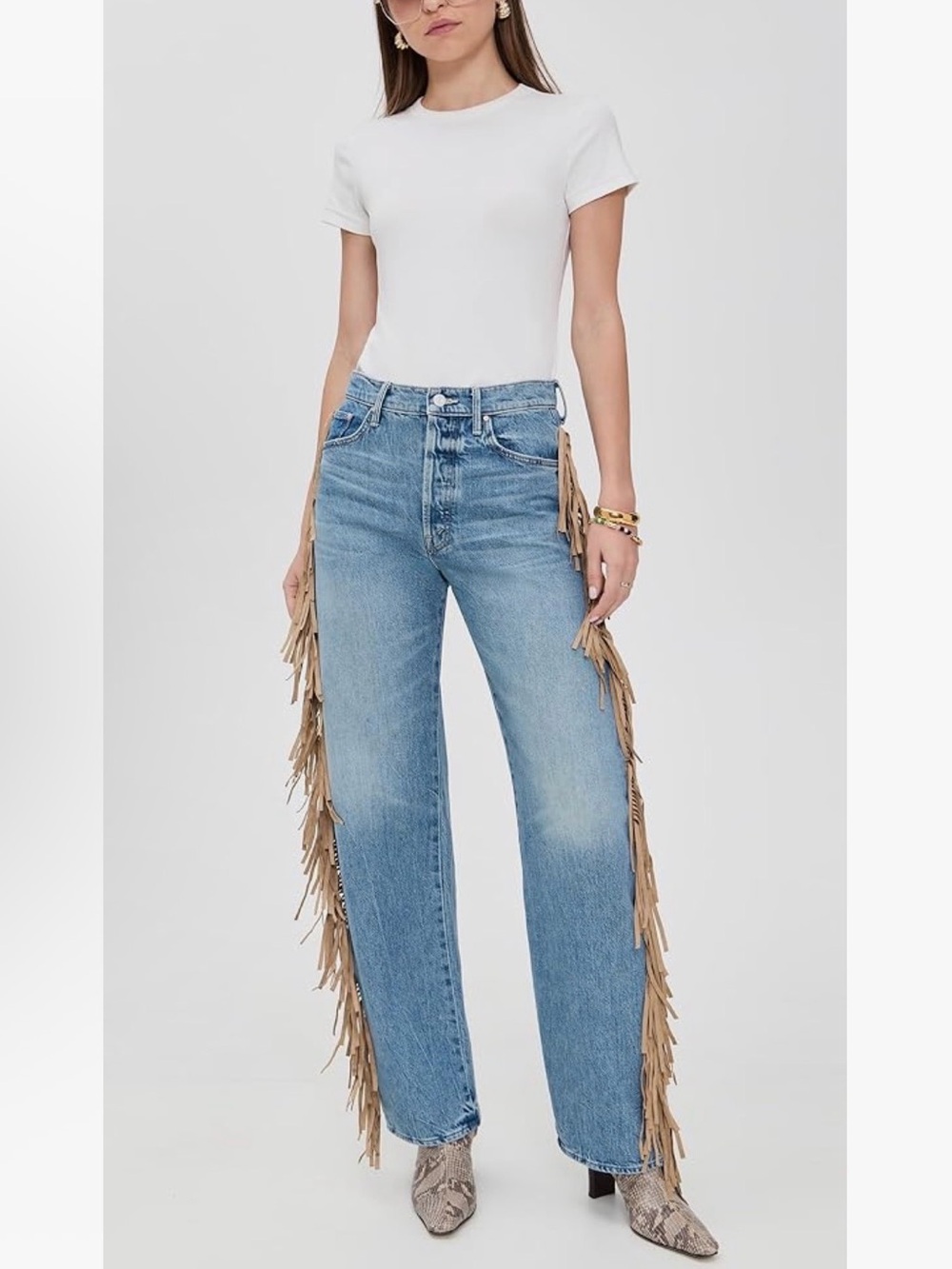 MOTHER Light Blue Straight Leg Jeans with Fringe